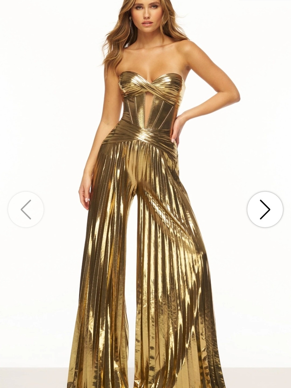 Sherri Hill Gold Strapless Metallic Jumpsuit - Women's Evening Wear